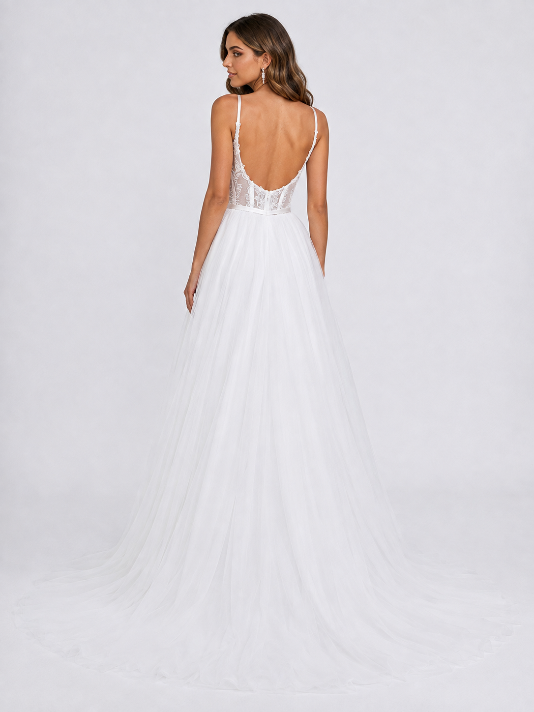 Elegant Spaghetti Strap Corset Tulle A-Line Wedding Dress with High Slit and Sweep Train