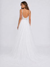 Elegant Spaghetti Strap Corset Tulle A-Line Wedding Dress with High Slit and Sweep Train
