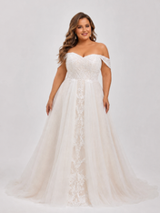 Elegant Off-the-Shoulder Lace Applique A-Line Wedding Dress with Corset Back and Chapel Train