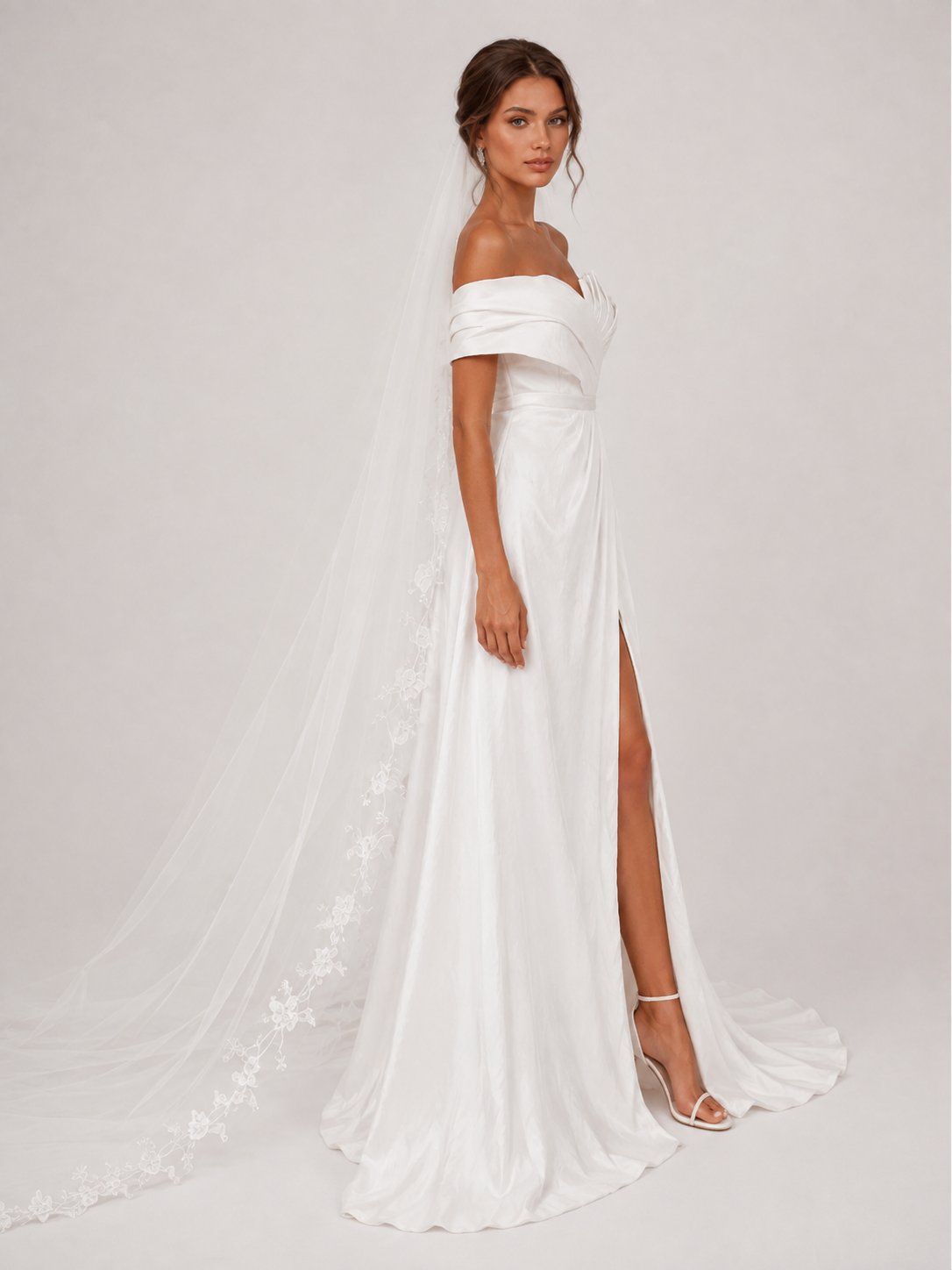 Elegant One-Shoulder Ruched Satin A-Line Wedding Dress with High Slit and Chapel Train