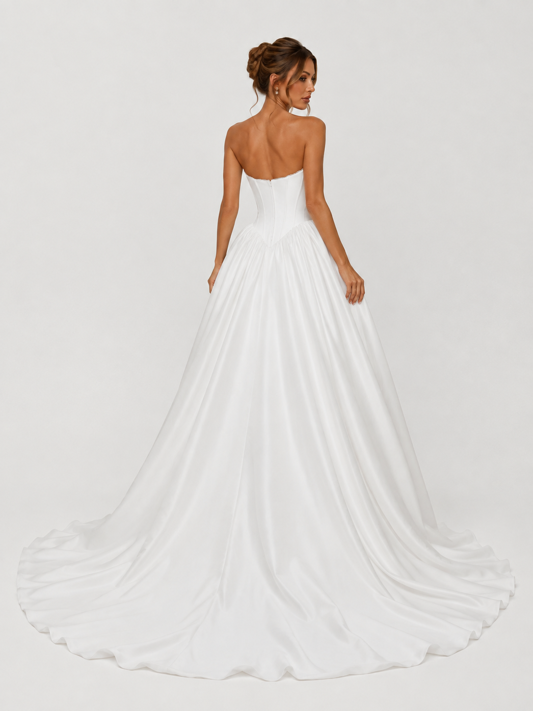 Elegant Strapless Corset Satin Ball Gown Wedding Dress with Chapel Train
