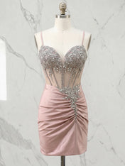 Sweetheart Beaded Corset Satin Mini Homecoming Dresses