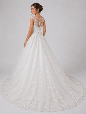 Elegant Lace Ball Gown Wedding Dress with Illusion Neckline & Bow Waist