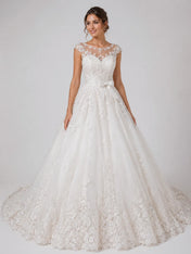 Elegant Lace Ball Gown Wedding Dress with Illusion Neckline & Bow Waist