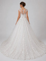 Elegant Lace Ball Gown Wedding Dress with Illusion Neckline & Bow Waist