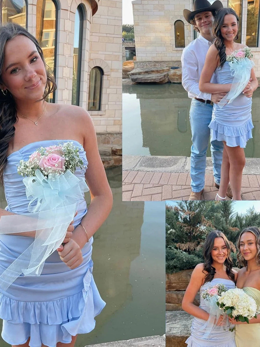 Strapless Ruched Ruffle Short Homecoming Dress