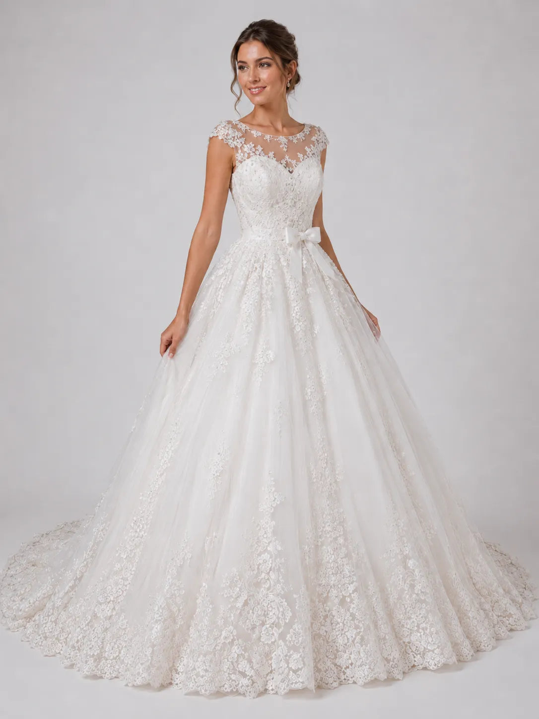 Elegant Lace Ball Gown Wedding Dress with Illusion Neckline & Bow Waist