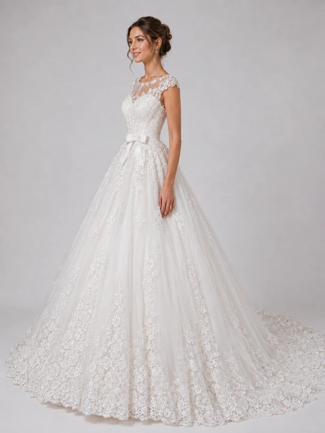 Elegant Lace Ball Gown Wedding Dress with Illusion Neckline & Bow Waist