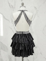 Black Halter Deep V-Neck Rhinestone Striped Tiered Ruffle Short Homecoming Dresses
