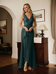 A-Line V-Neck Ruched Metallic Mesh Dress