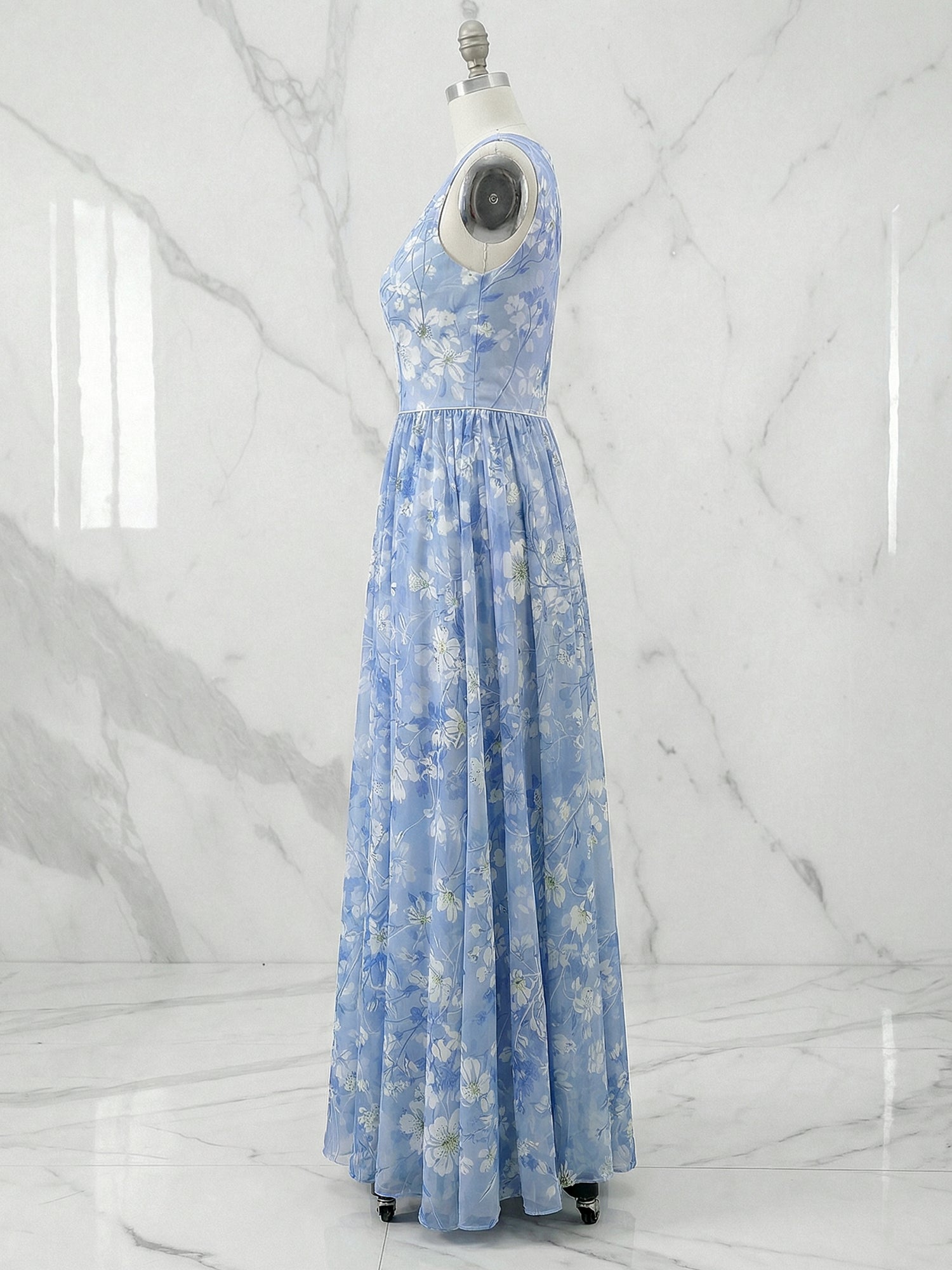 Light Blue Chiffon V Neck Sleeveless A-Line Maxi Dress