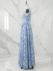 Light Blue Chiffon V Neck Sleeveless A-Line Maxi Dress