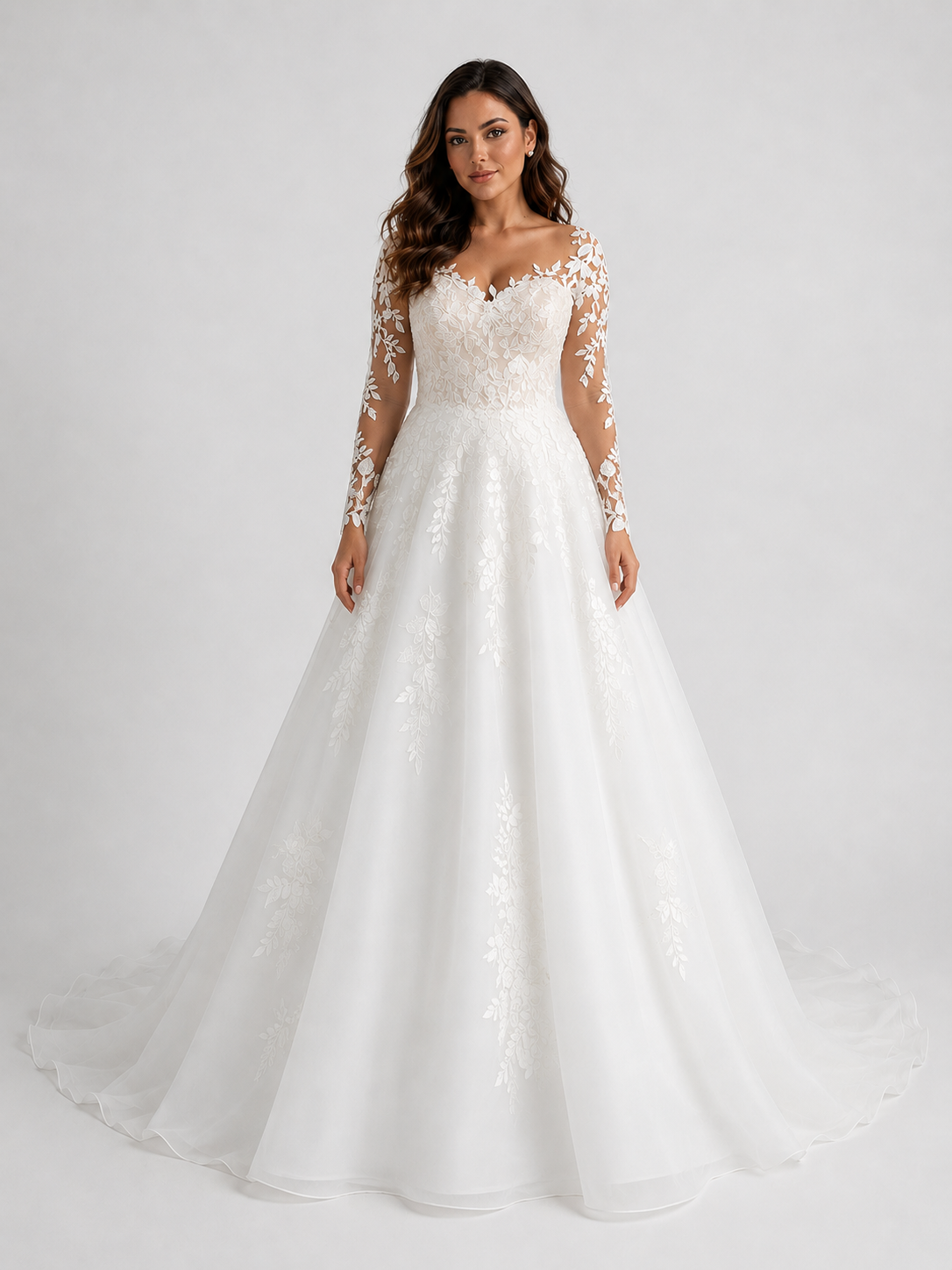 Elegant Floral Applique Tulle A-Line Wedding Dress with Sweep Train