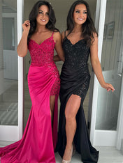 Sparkly Fuchsia Mermaid Spaghetti Straps Sequins Long Prom Dress with Slit