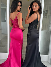 Sparkly Fuchsia Mermaid Spaghetti Straps Sequins Long Prom Dress with Slit