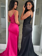 Sparkly Fuchsia Mermaid Spaghetti Straps Sequins Long Prom Dress with Slit