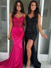 Sparkly Fuchsia Mermaid Spaghetti Straps Sequins Long Prom Dress with Slit