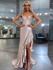 Navy Blue Shimmer Ruffle Long Corset Prom Dress with Slit