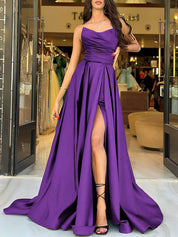 Black A Line Strapless Satin Long Prom Dresses With Slit