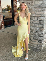 Navy Blue Shimmer Ruffle Long Corset Prom Dress with Slit