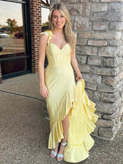 Navy Blue Shimmer Ruffle Long Corset Prom Dress with Slit