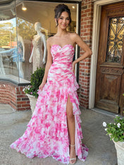 Yellow Print Mermaid Ruffled Tiered Prom Dress with Slit