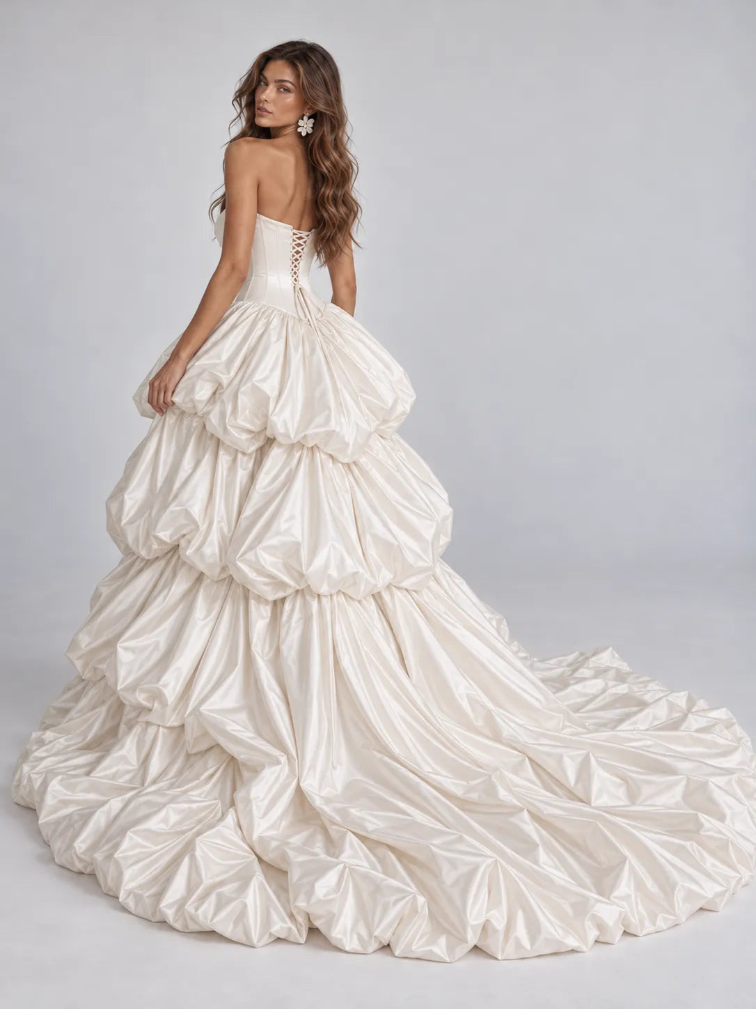 Strapless Sweetheart Tiered Bubble Satin Ball Gown Wedding Dress with High Slit