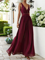 Wine Red Rhinestone Classic V Neck Sleeveless A-Line Maxi Dress