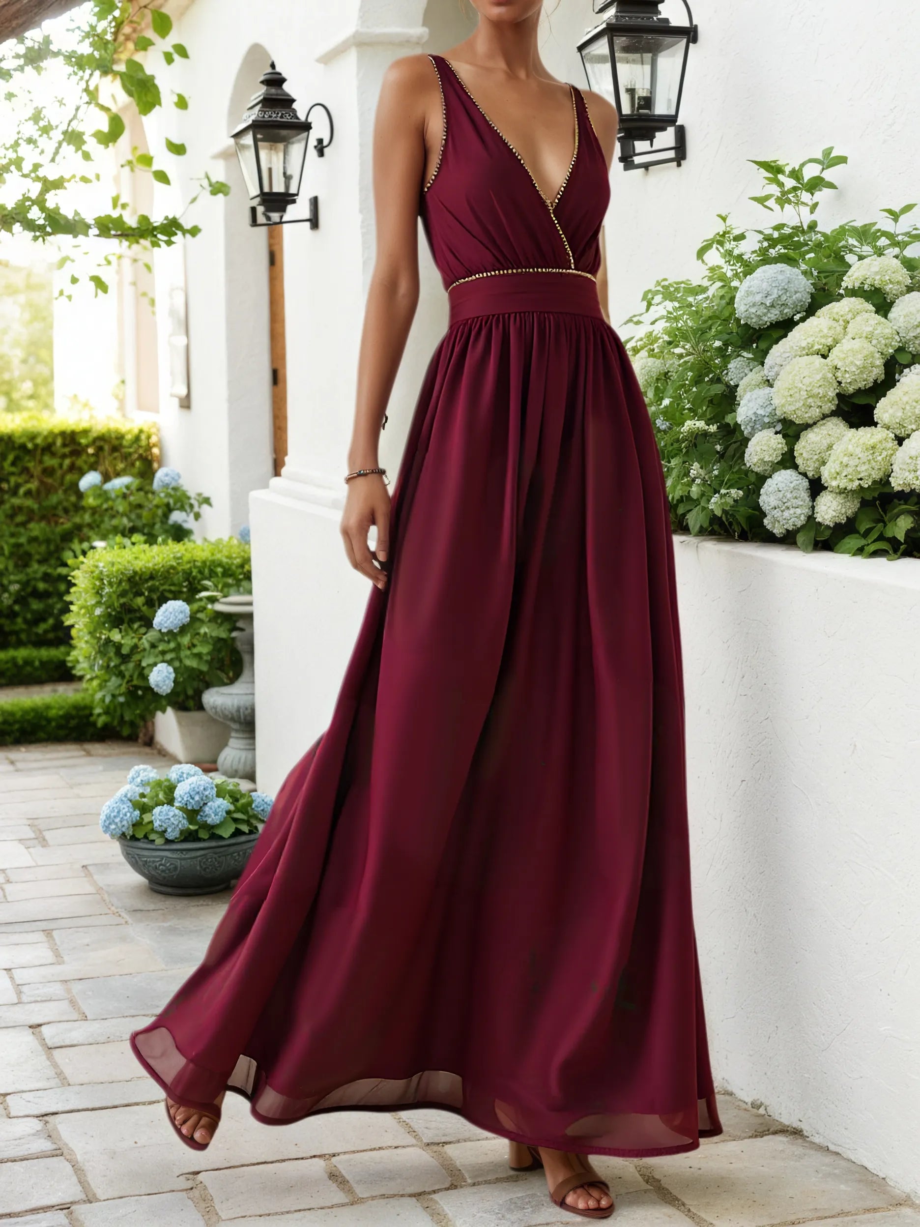 Wine Red Rhinestone Classic V Neck Sleeveless A-Line Maxi Dress