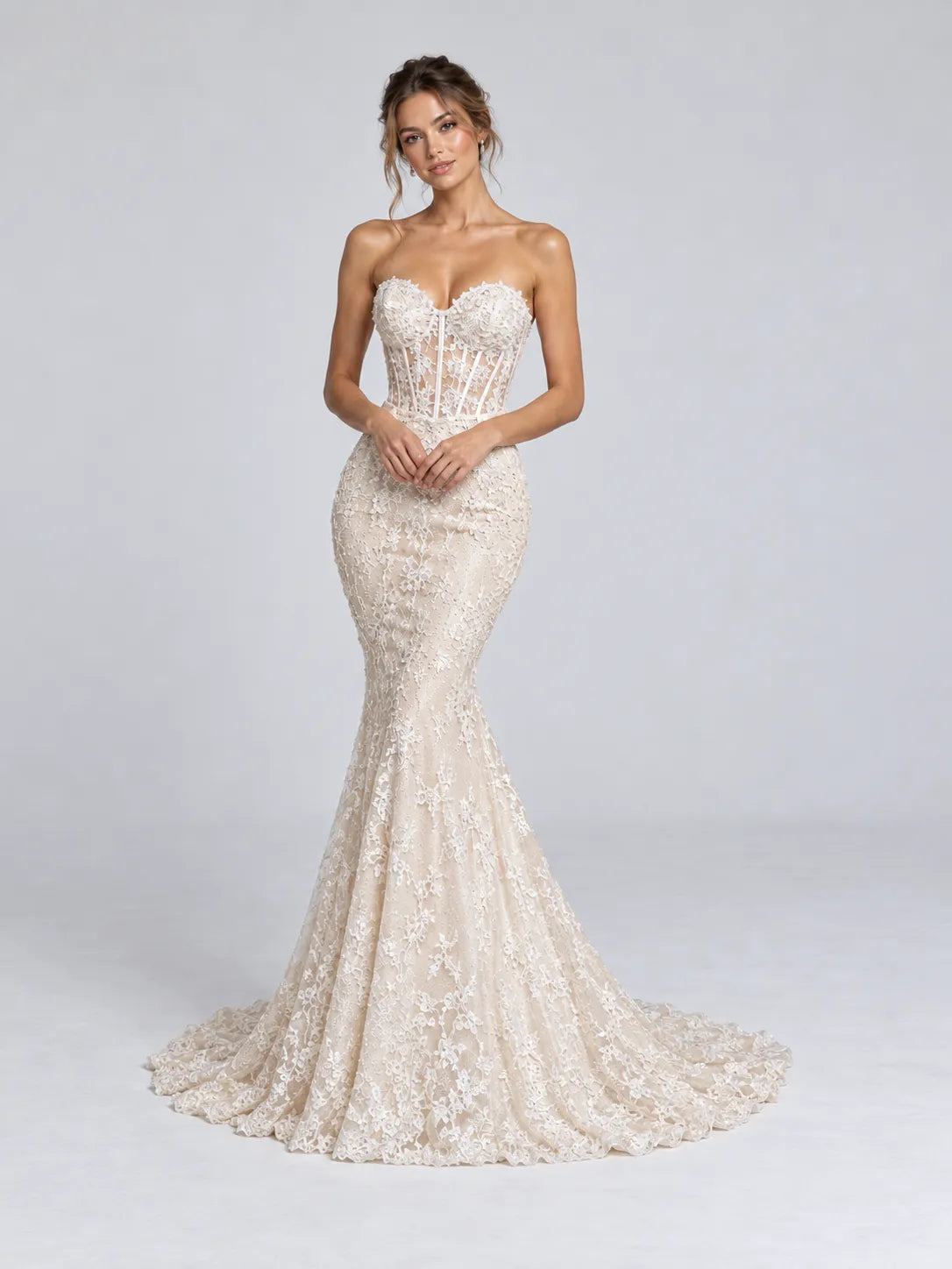 Strapless Lace Mermaid Wedding Dress with Detachable Satin Overskirt