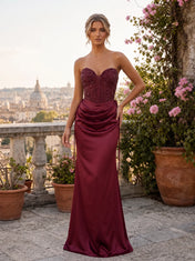Strapless Beaded Bodice Satin Mermaid Prom Dress with Draped Waist and Corset Back