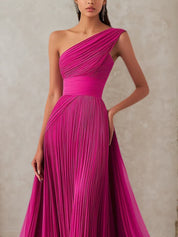 Prom Formal Pleated Dress Rose Color One-Shoulder Maxi Dress