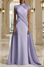Formal Evening Dress Purple Stand Collar Pleated Train Maxi Gown