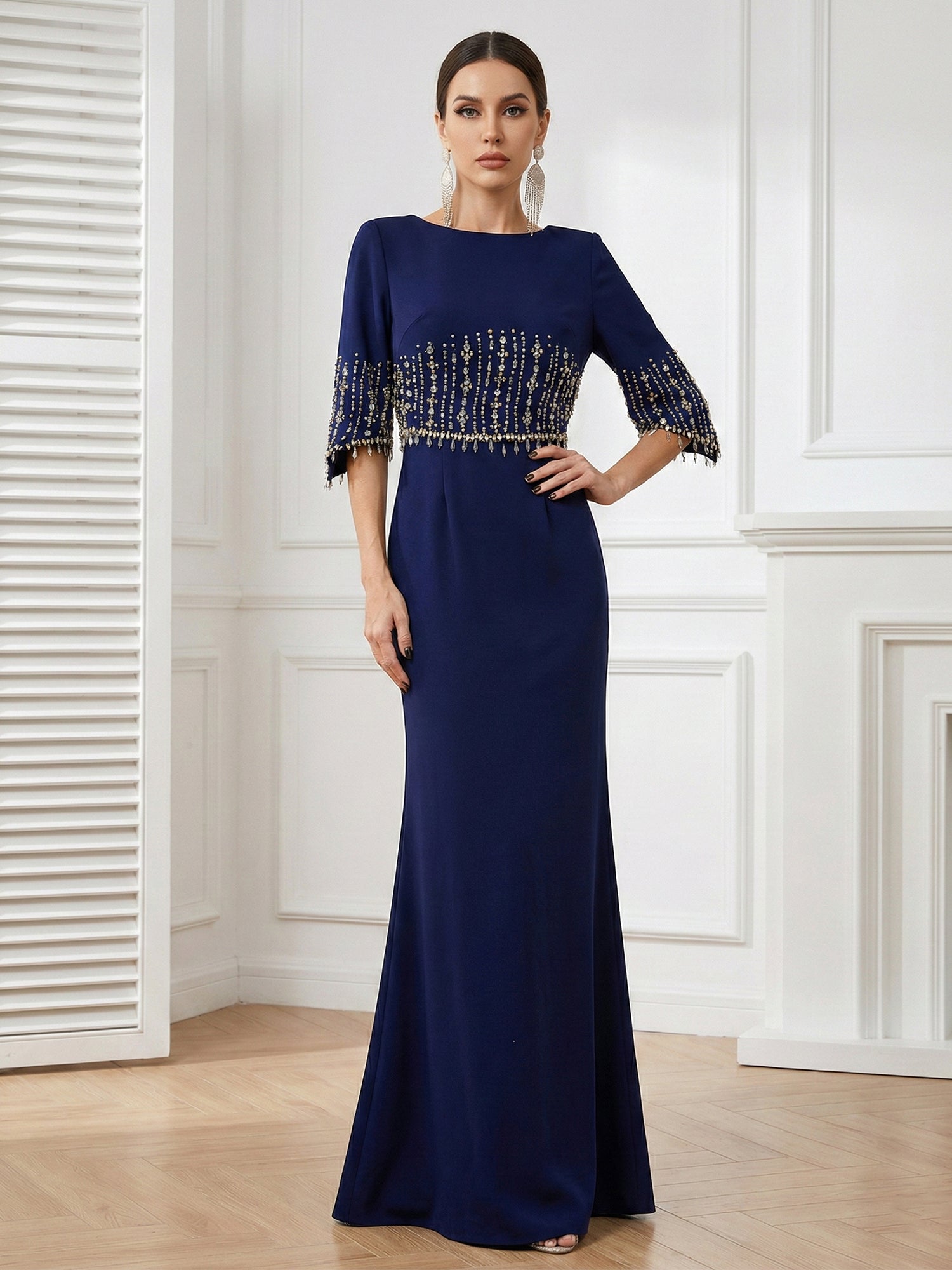 Navy Blue O Neck Half Sleeves Mermaid Satin Evening Dress with Beads