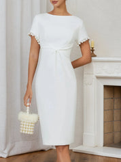 White Imitation Pearls Knot Front Classic Boat Neck Short Sleeve Sheath Midi Dress