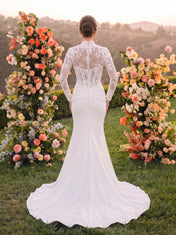 High Neck Long Sleeve Lace Satin Mermaid Wedding Dress
