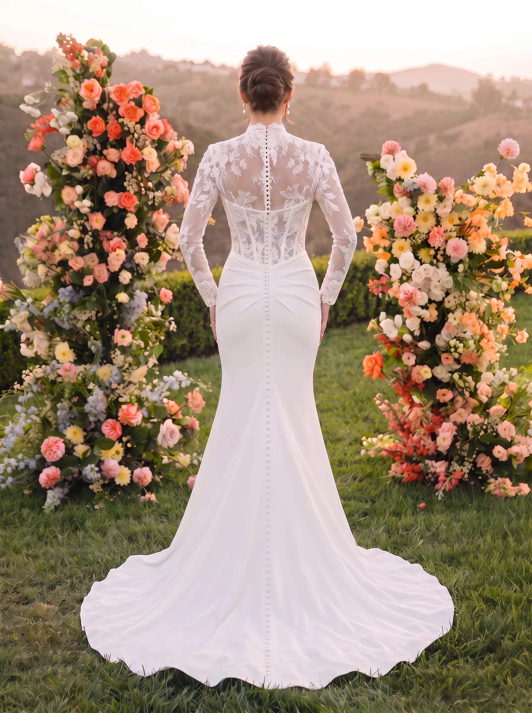 High Neck Long Sleeve Lace Satin Mermaid Wedding Dress