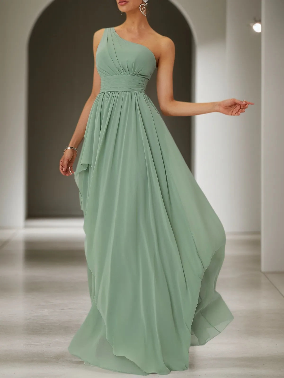Light Green Ruched Asymmetric Chiffon One Shoulder Sleeveless A-Line Maxi Bridesmaid Dress