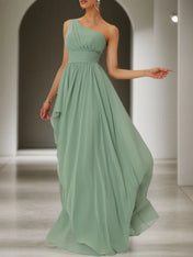 Light Green Ruched Asymmetric Chiffon One Shoulder Sleeveless A-Line Maxi Bridesmaid Dress