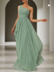 Light Green Ruched Asymmetric Chiffon One Shoulder Sleeveless A-Line Maxi Bridesmaid Dress
