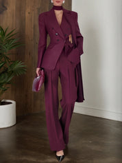 Women Wine Red Buckle Shoulder Pad Lapel Collar Long Sleeve Dressy Coat With Pants Two-Piece Set
