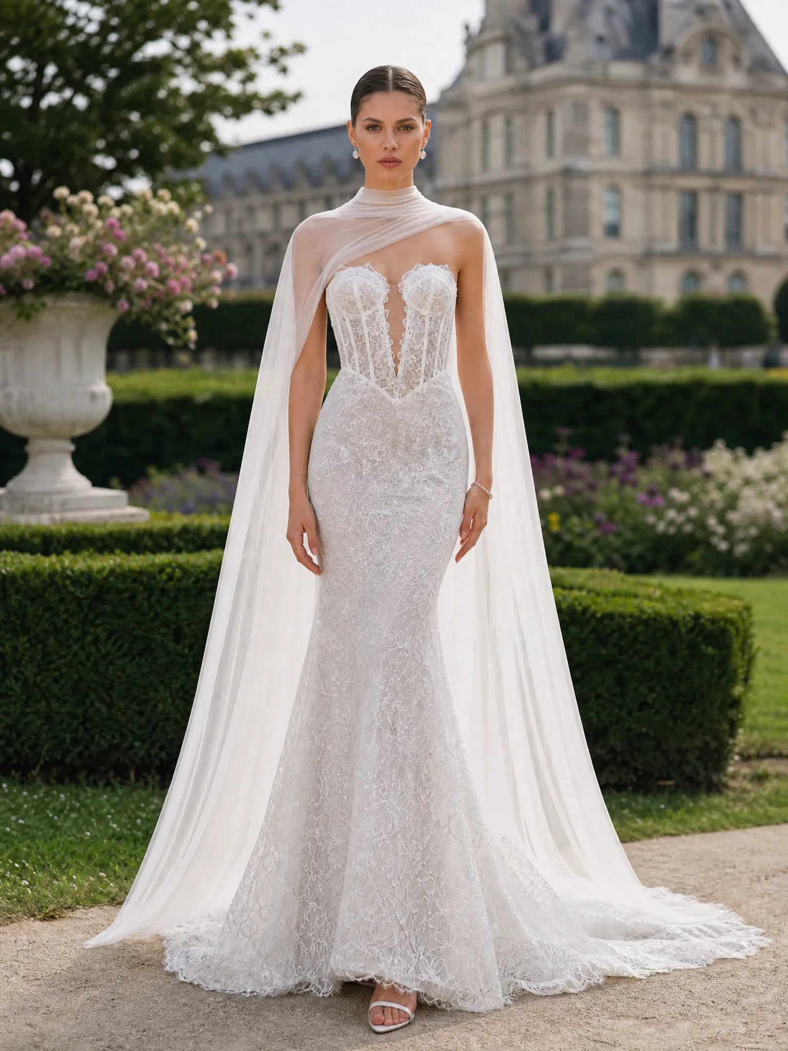 Ivory Illusion Lace Mermaid Wedding Dress with Detachable Sheer Cape