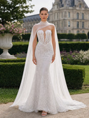 Ivory Illusion Lace Mermaid Wedding Dress with Detachable Sheer Cape