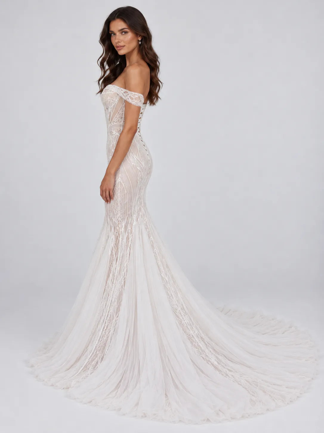 Off-the-Shoulder Illusion Branch-Embroidered Mermaid Wedding Dress with Lace-Up Back