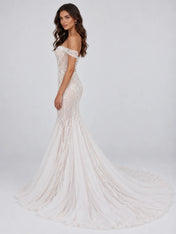 Off-the-Shoulder Illusion Branch-Embroidered Mermaid Wedding Dress with Lace-Up Back