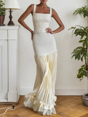 Off White Ruched Split Joint Knit Spaghetti Sleeveless Sheath Maxi Dress
