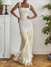 Off White Ruched Split Joint Knit Spaghetti Sleeveless Sheath Maxi Dress