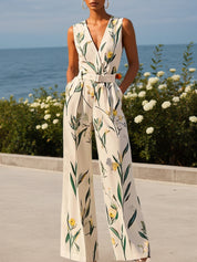Women White Printing Deep V Neck Sleeveless Vacation Jumpsuit