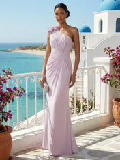Purple One Shoulder Mermaid Pleat Maxi Dress with Flower