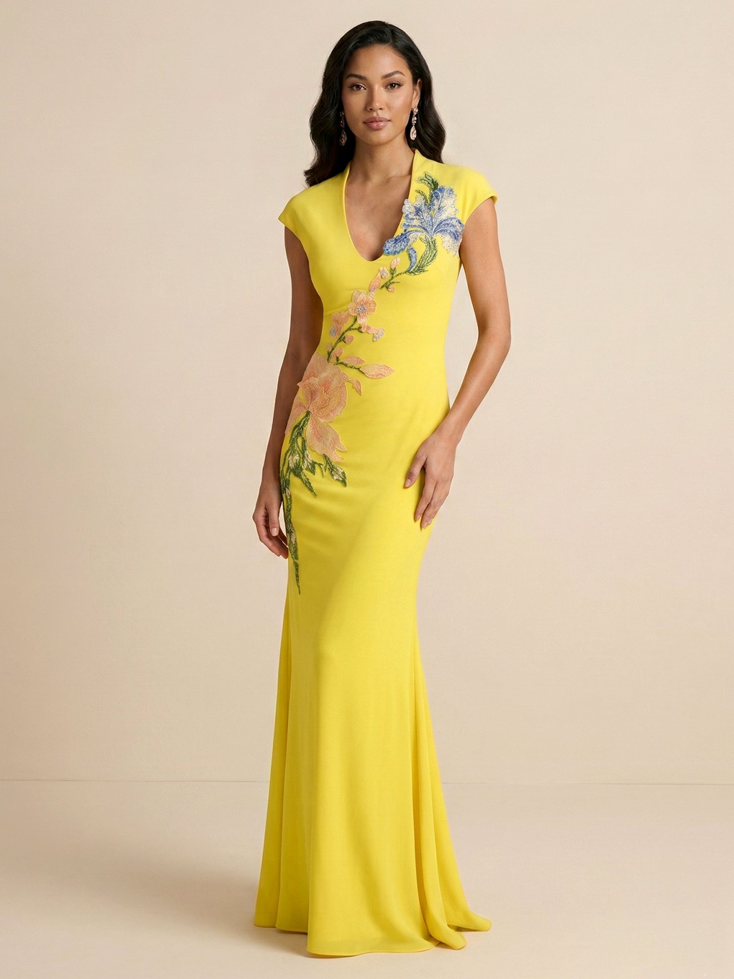 Radiant Canary Yellow Botanical Embroidered Gown Formal Evening Dress
